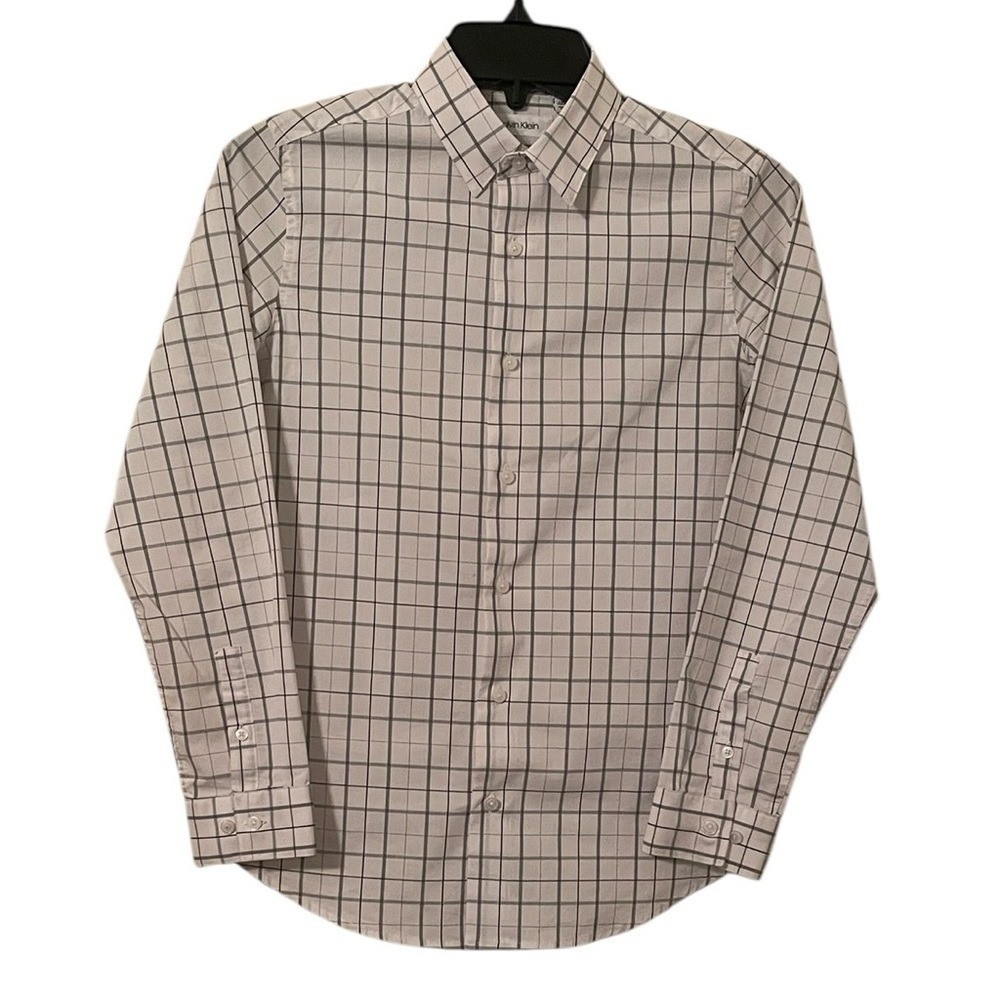 Calvin Klein Boy's White Gray Plaid Slim Stretch Fit Button Down Size L‎